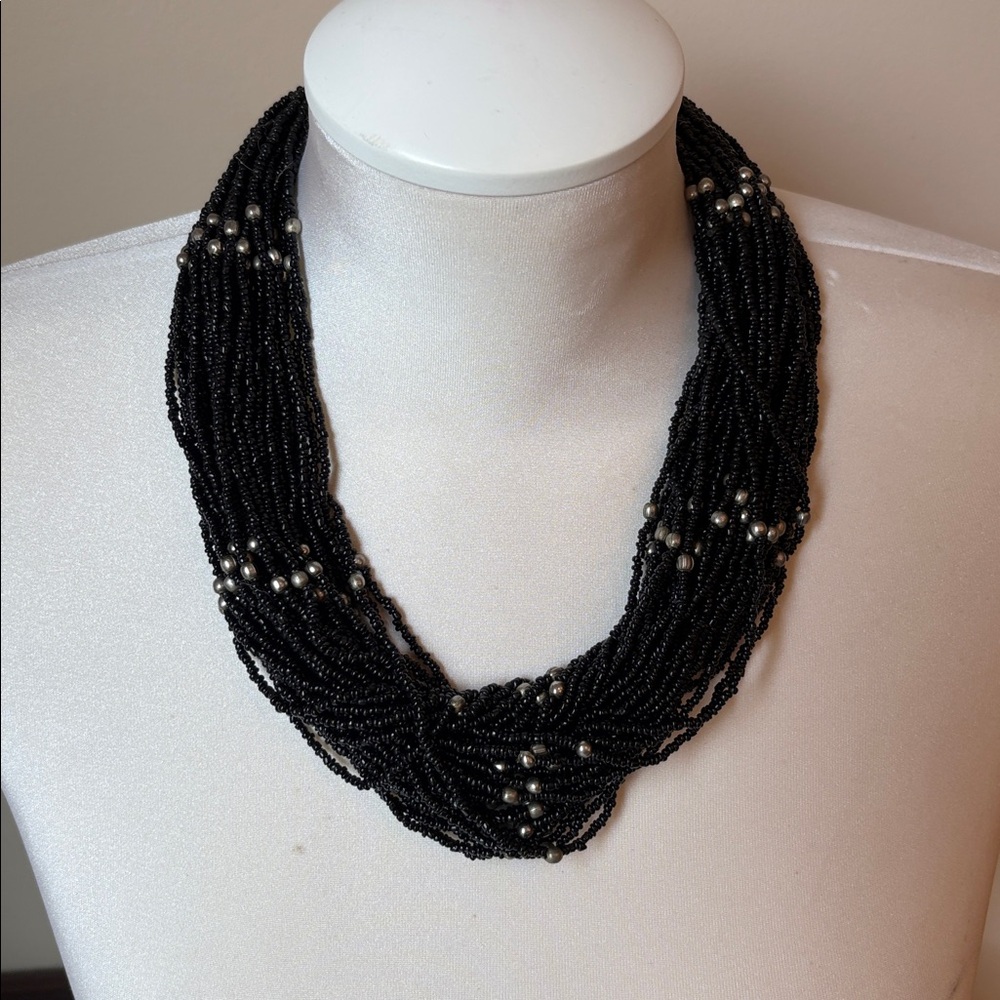 72. Vintage Black Beaded Necklace with Silver Accents with bonus earrings.